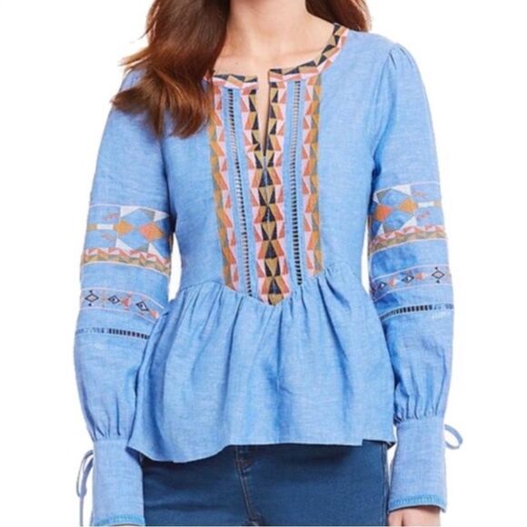 a loves a embroidered blue linen ladder stitch Top  large tunic peasant blouse - Picture 1 of 17